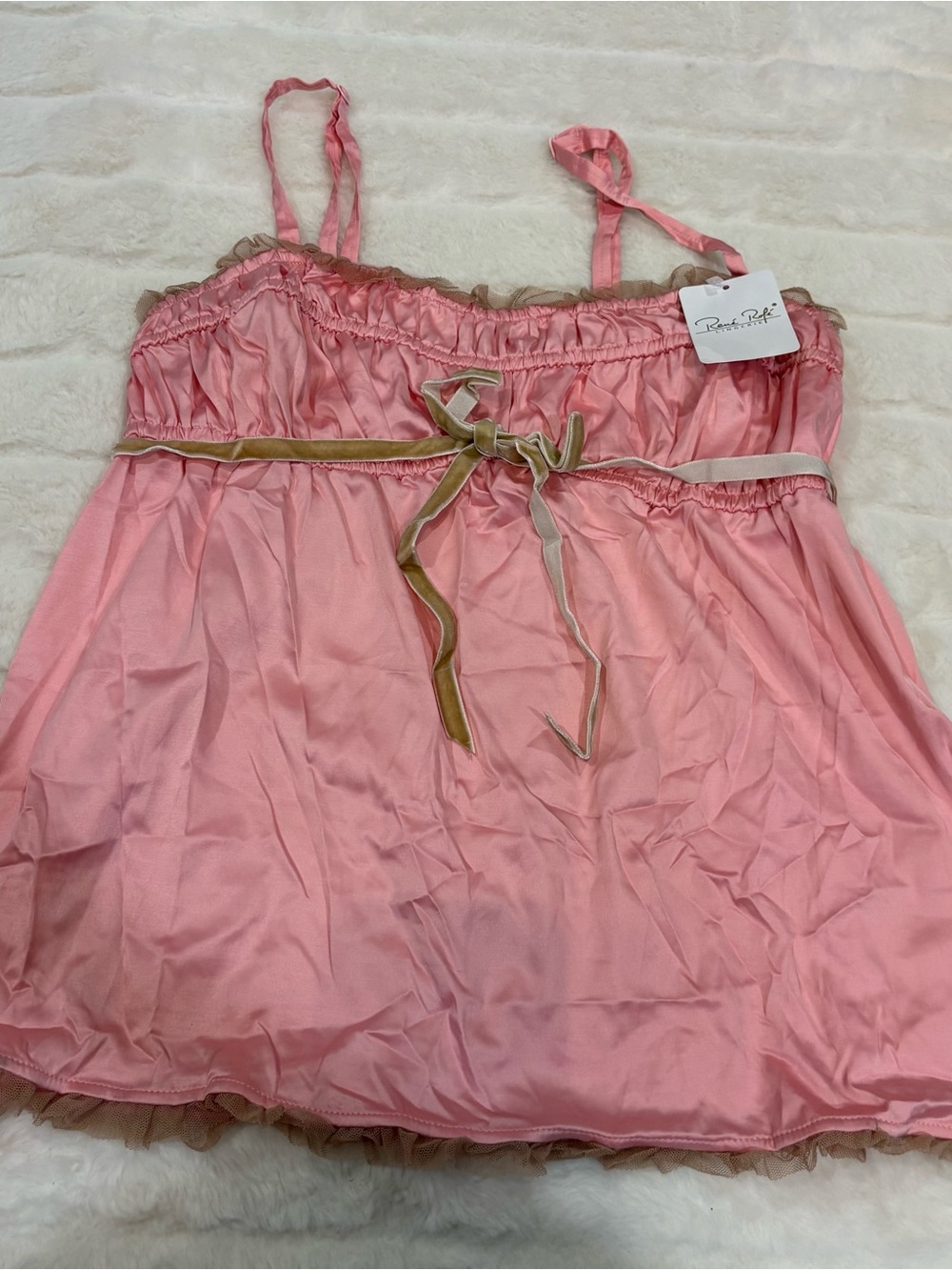 Rachel Pally Pink Satin Sleep Chemise with Velvet Trim